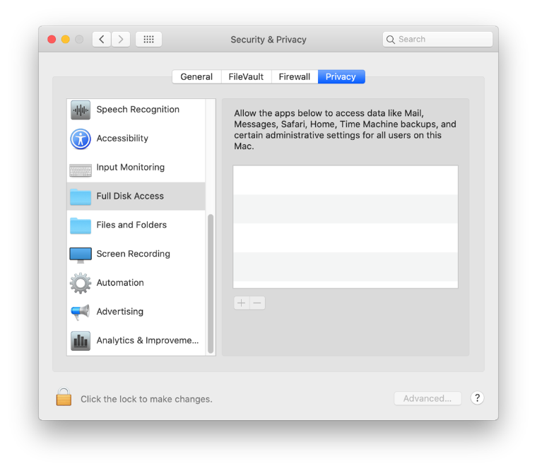 The macOS Security and Privacy system preference window with the Privacy tab selected in macOS Monterey.