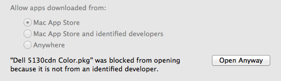 The security warning dialog box when installing the SmartPrint Pop-up client on Mac OS.  Click on Open anyway.
