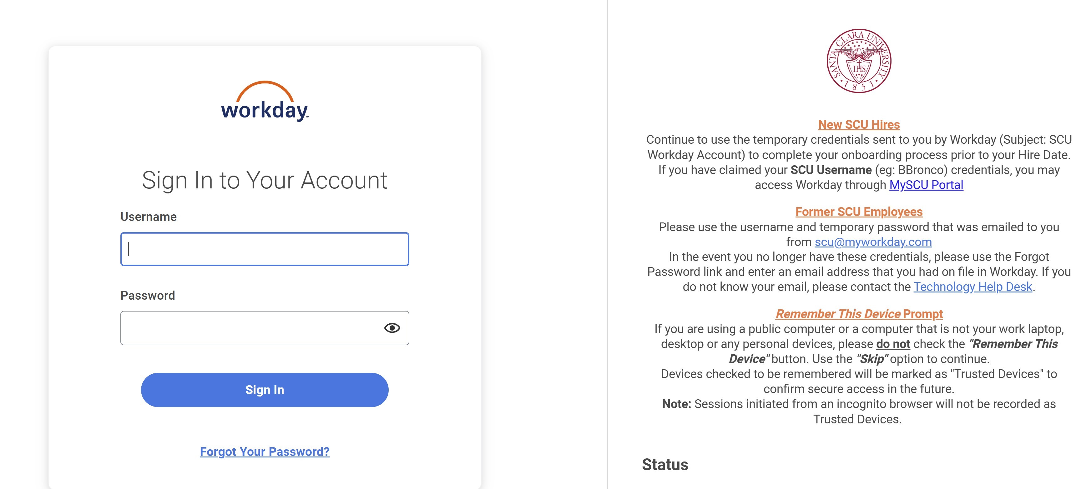 Login page for native Workday URL