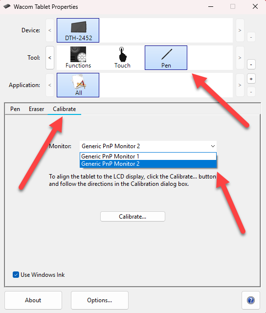 Select the Pen Tool, then navigate to the Calibrate tab