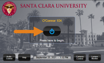 Santa Clara University over a camera interface with an arrow pointing to the Camera 1 button.