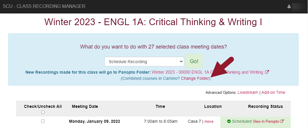 Middleware course selection page showing a students timetable and an arrow pointing to a register button.