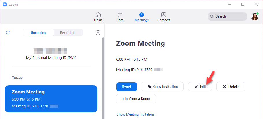 Client and Meeting details in scheduling interface. Edit button highlighted with a red arrow.