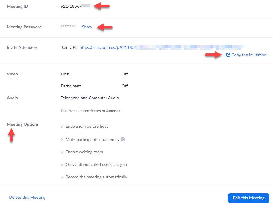 Screenshot showing meeting details with red arrows pointing to specific information.