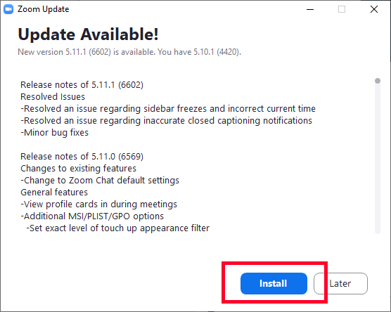 Zoom update window with description of updates and an Install button highlighted in red.