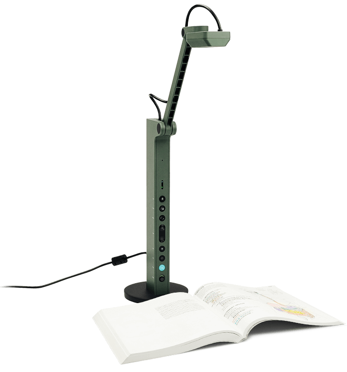 IPEVO document camera positioned over an open book.