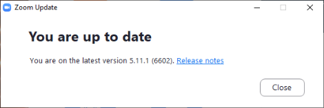 Zoom update window showing You are up to date message.