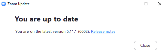 Zoom update window showing You are up to date message.