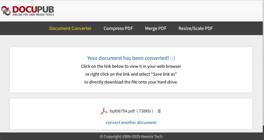docupub.com Screenshot of what it looks like when Docupub is finished converting the file.