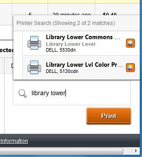 Screenshot of print job selection and search interface labeled Narrow Search By Keywords.