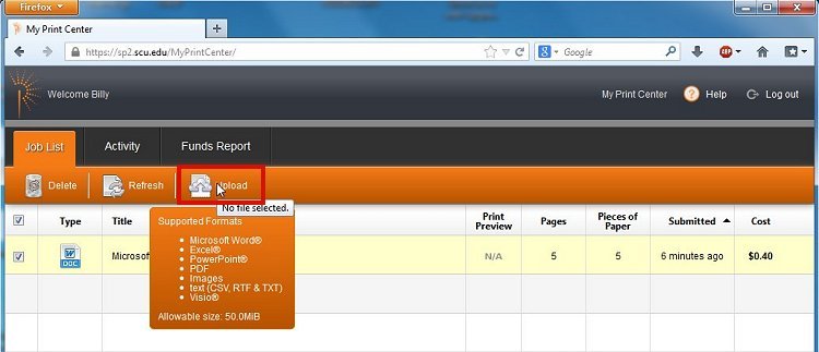 Highlighted Upload Design button in a print center user interface.