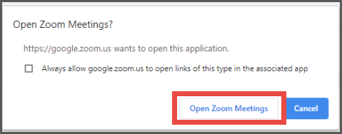 Prompt to open Zoom link, with Open Zoom Meetings button highlighted.