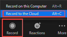 Menu with option to Record to the Cloud highlighted.