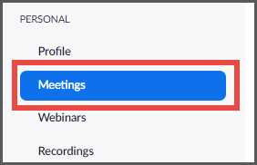 Menu with Meetings highlighted in blue and red box.