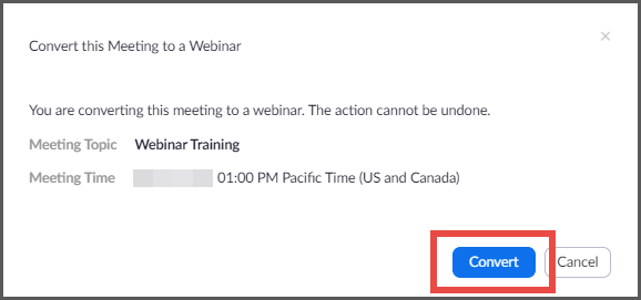 Webinar confirmation screen with a highlighted Create button.
