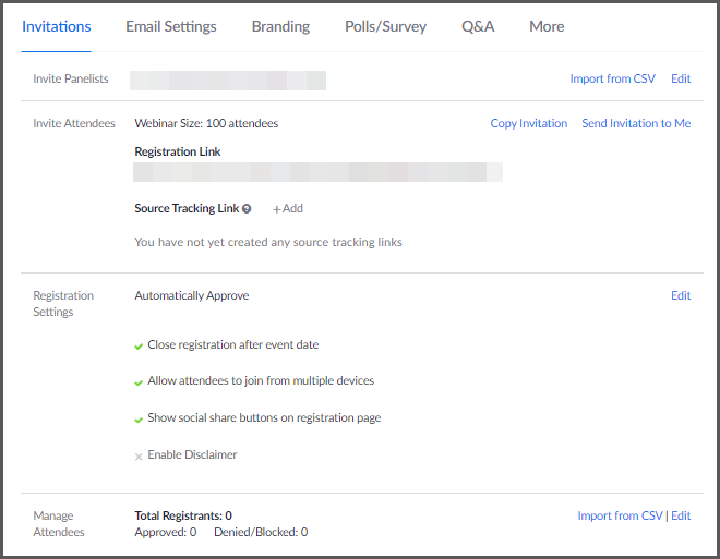 Webinar customization settings with options for scheduling, branding, email automation, and registration settings.