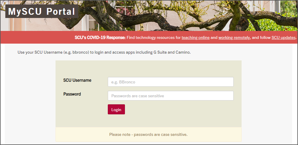 SCU Portal login screen with fields for user name and password.