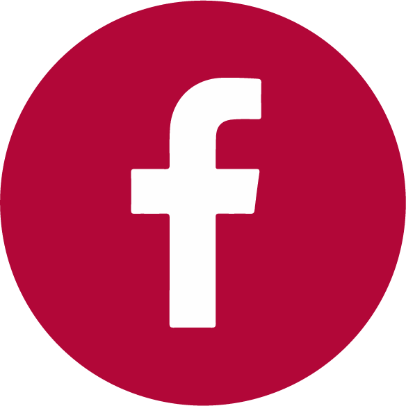 White lowercase f on red circle background.