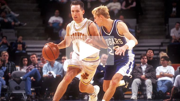 SCU alumnus Steve Nash playing basketball as a Bronco