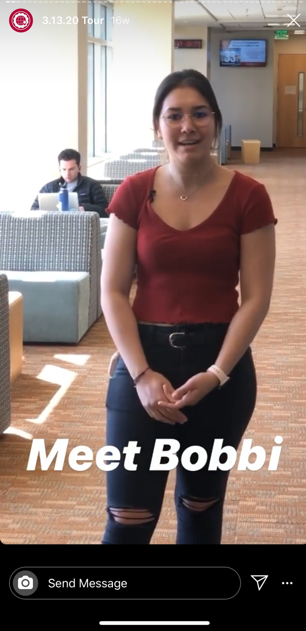 Woman wearing red top with Meet Bobbi text overlay, inside a room.