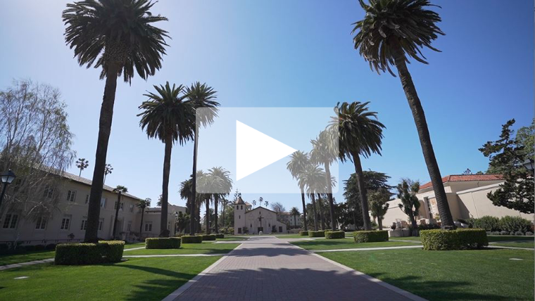 Video thumbnail with a play button, showing a campus pathway lined with palm trees.