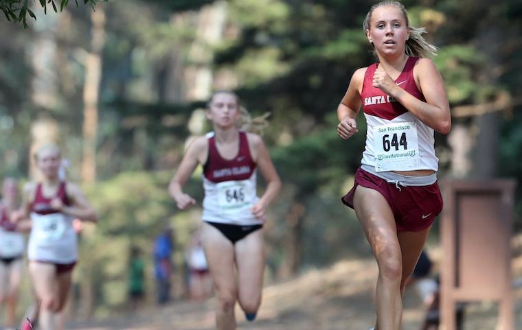 SCU cross country runner Sarah King, far right, leading fellow teammates.