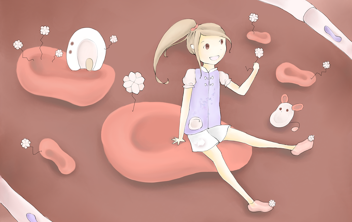 An animated character rides a cell in a sketch for a biology based virtual reality game. 