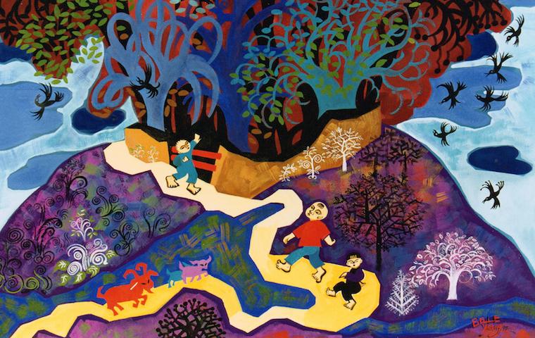 Colorful landscape painting titled 1 Up on Granddady Hill by Belle Yang. image link to story