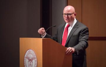 Retired U.S. Army General H.R. McMaster urges cadets to uphold values of duty and honor at SCUs 2019 Commissioning Ceremony on June 13. Photo by Chuck Barry.