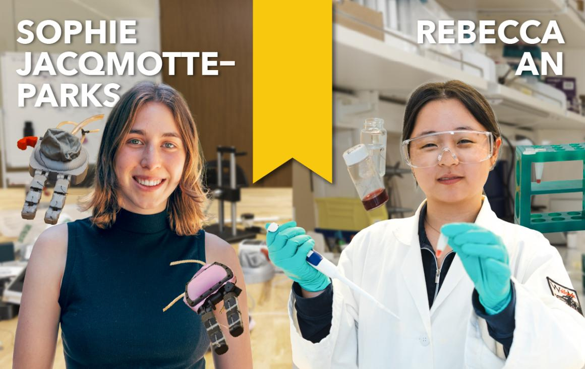 Composite image of two female students - one with a lab coat and pipette, the other with a prosthetic hand shes designing