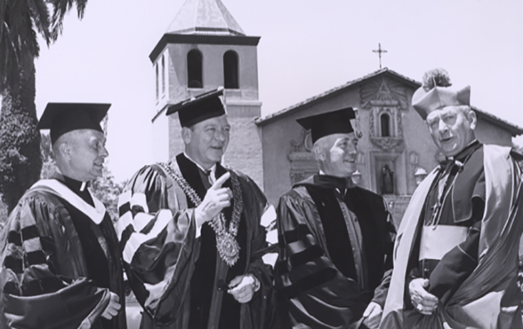 The President’s chain began as a Regents chain, and was worn for the first time by Edward J. Daly, Chairman of the SCU Board of Regents, at Santa Clara’s June 1966 commencement.