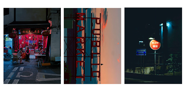 A set of three digital photographs: an East Asian shop stall at night with red decor and people sitting out front; a neon red Public Market sign glowing against a sunset-stained sky (the landscape photo positioned vertically); and a red stop sign on a dark road at night.