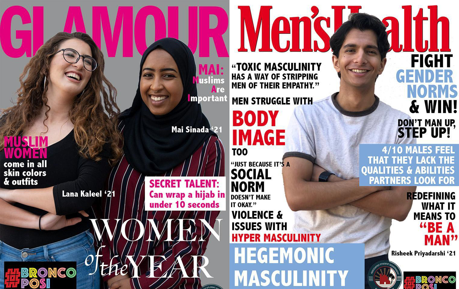 Three students photoshopped onto covers of Glamour and Mens Health