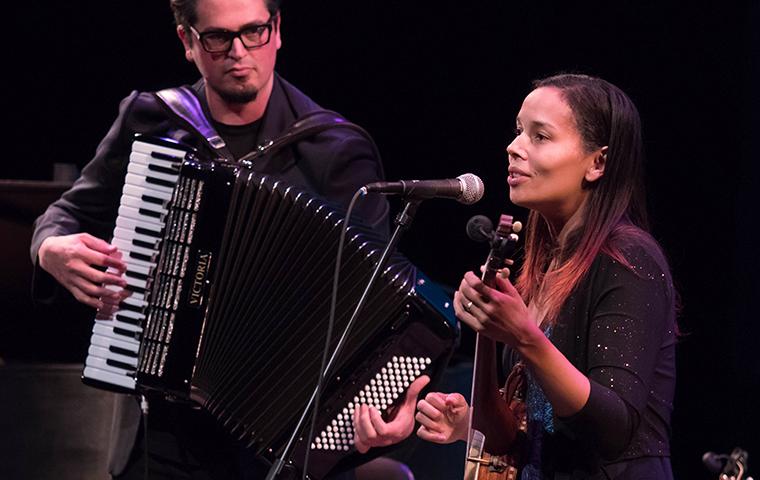 Photograph of Rhiannon Giddens performing onstage with Francesco Turrisi at SCUs Mayer Theatre.