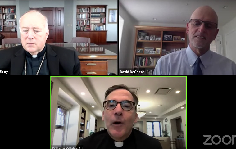 A Zoom split screen with David DeCosse, Kevin OBrien and Bishop Robert McElroy
