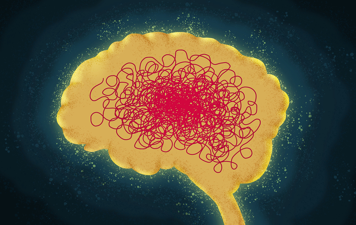 An illustration of a brain with a tanged web of red lines spreading out from the brains center. image link to story