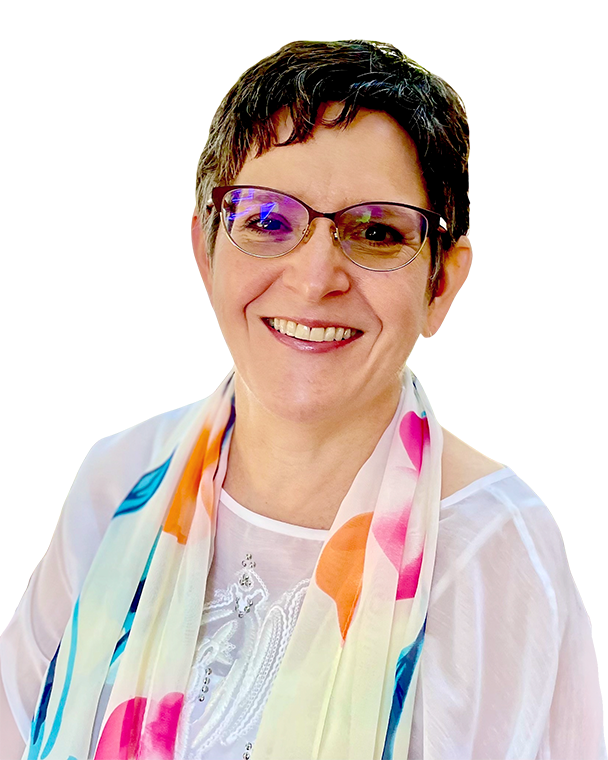 A woman, Noel Kreidler, with short dark hair wearing glasses and a colorful scarf.