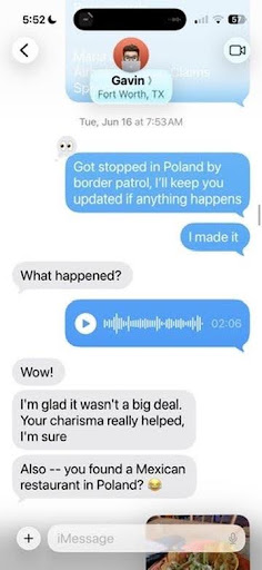 Screenshot from a text message chronicling someone being stopped by Border Patrol in Poland.