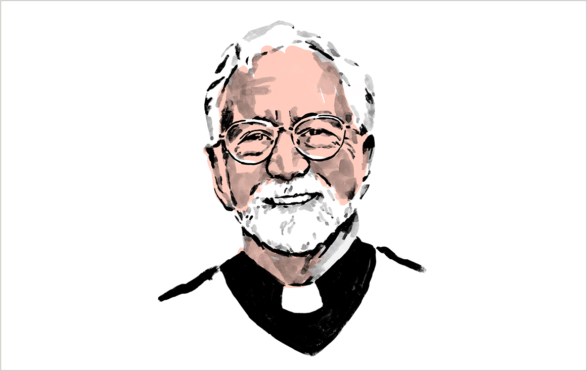 Illustration of priest with white hair and beard.