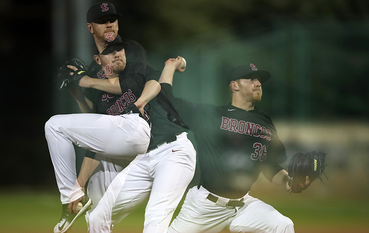 A three-part photo showing Steve Wilsons pitching motion