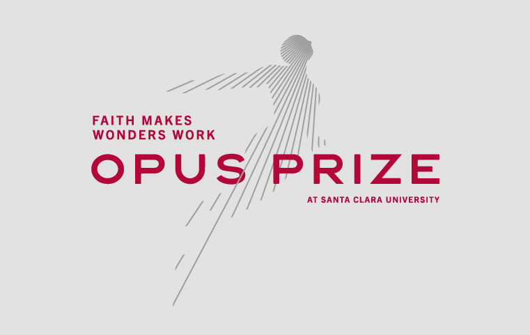Logo of SCUs Opus Prize activities, with red Faith Makes Wonders Work and a linear depiction of a rising body