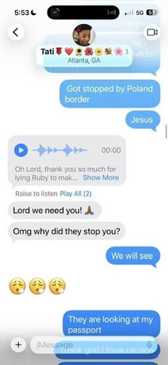 Phone screenshot detailing someone showing concern for Ruby Mendoza being stopped by Border Patrol in Poland.