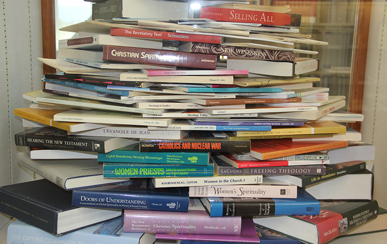 A large stack of books titled Sandra Schneiders.