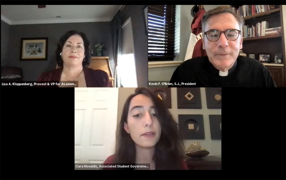 Lisa Kloppenberg, Kevin OBrien and Ciara Moezidis in a Zoom call