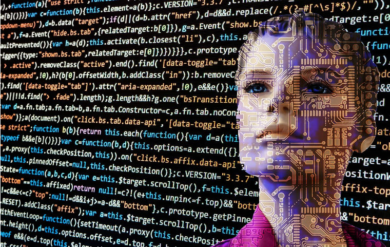 graphic of womans face over digital coding