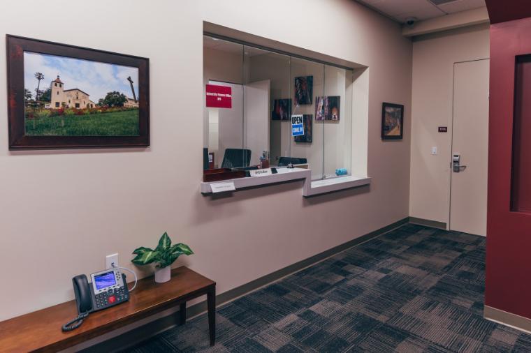 The inside entrance of the University Finance Office on campus. 