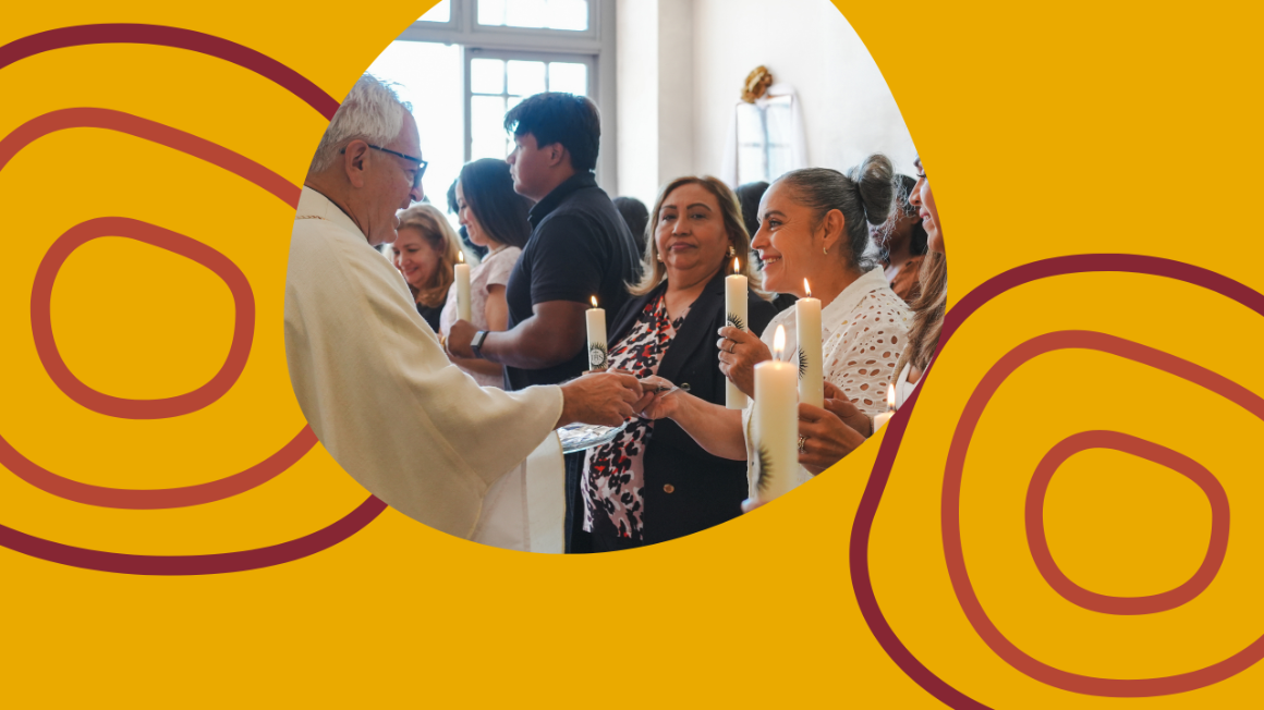 People interacting with a priest on top of a golden yellow background with organic shapes
