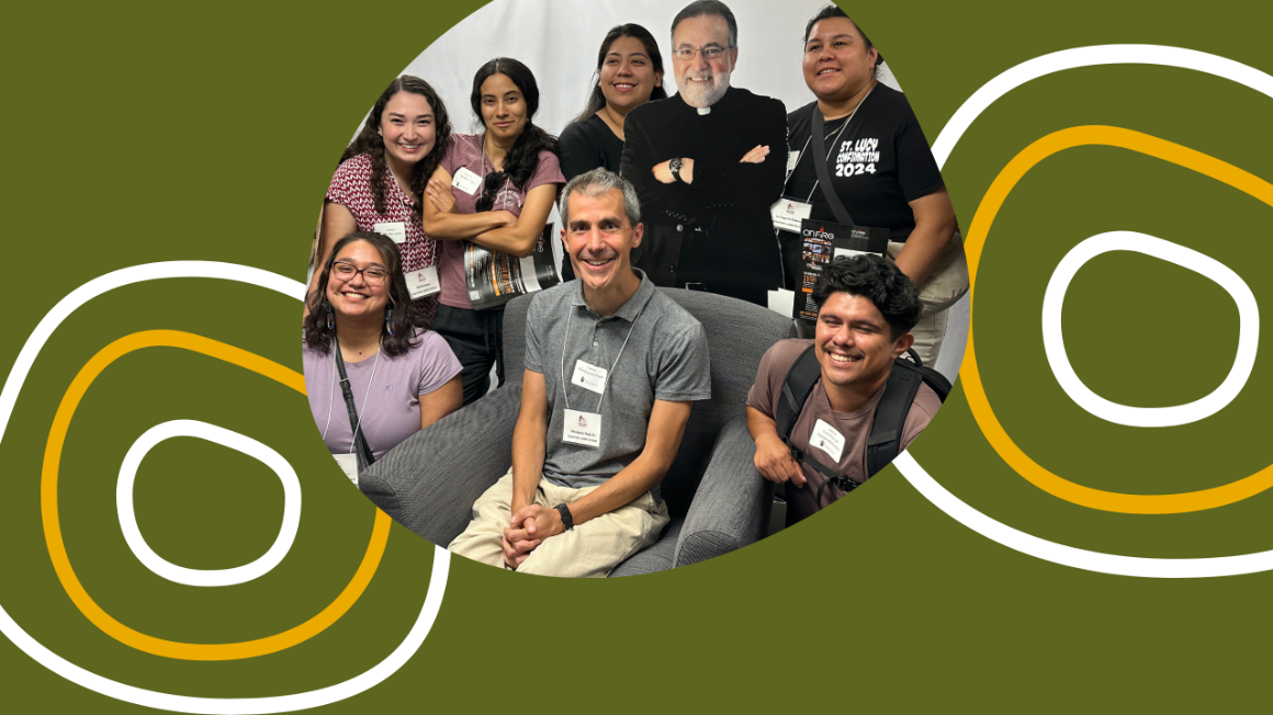 A group of people smiling on a green background with organic shapes