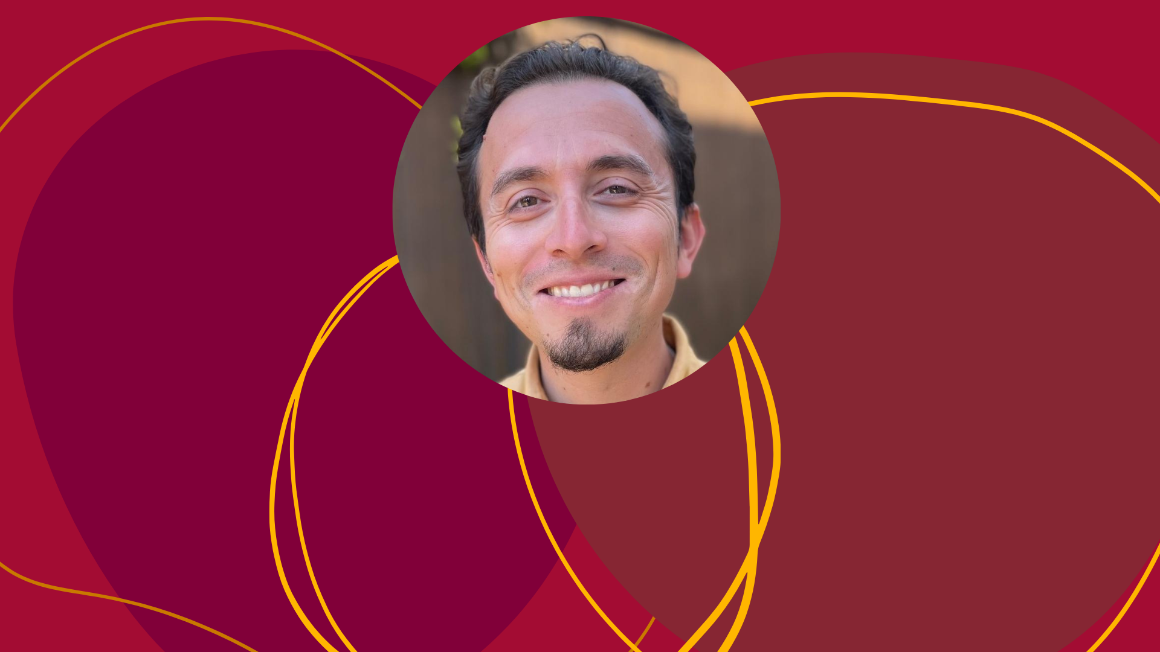 A man smiling on a red background with abstract shapes