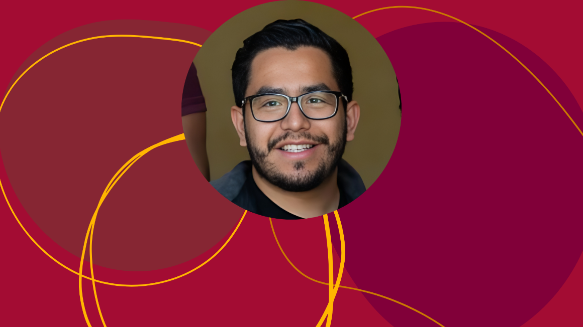 A man smiling on a red background with abstract shapes